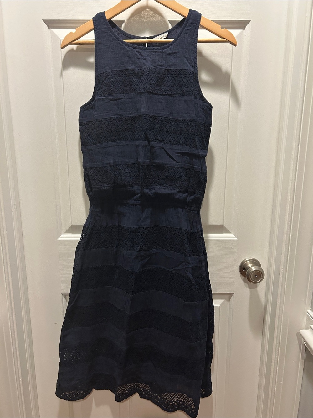 Garnet Hill Navy Sleeveless Lace-Trim Midi Dress